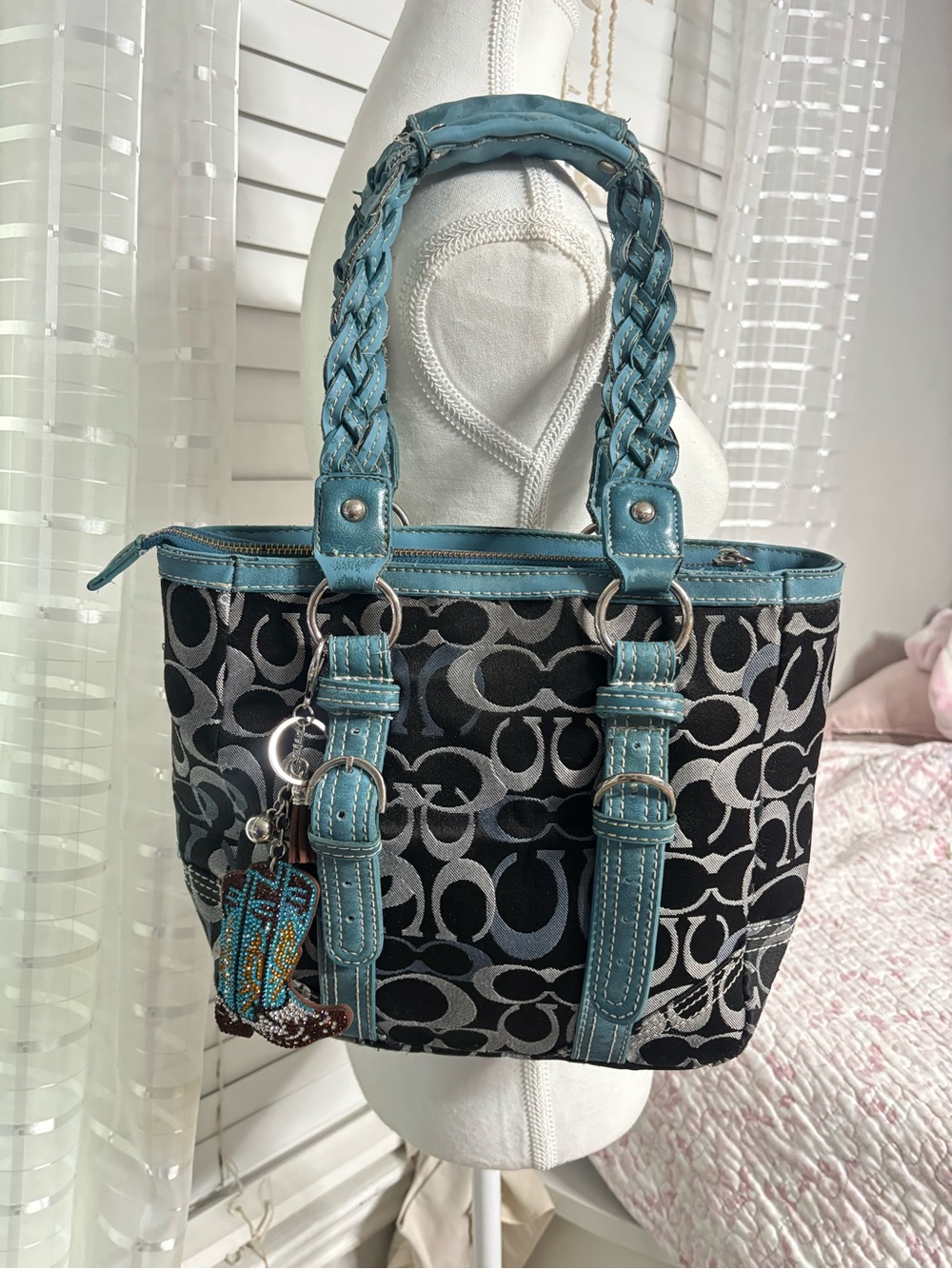Coach Black Monogram Tote with Teal Leather Trim